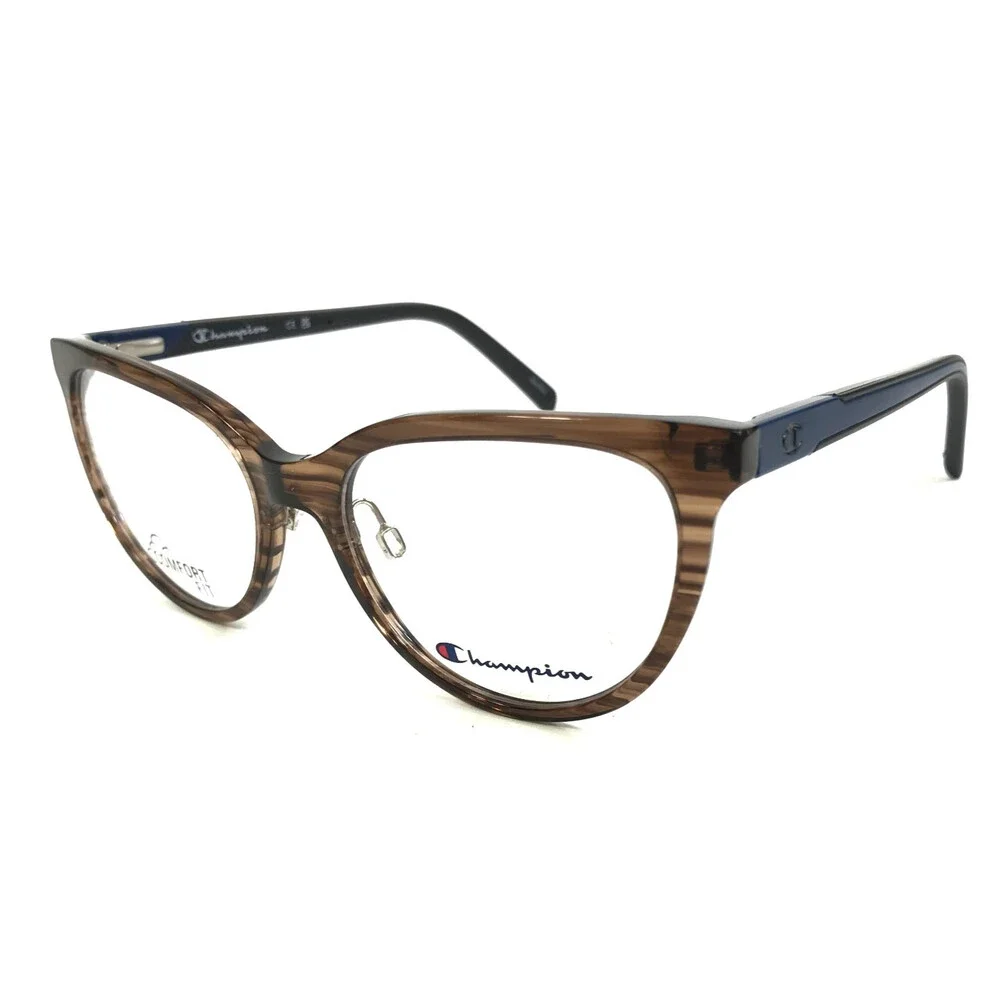Champion Eyeglasses Frames WCFIT 201 C01 Brown Striped Blue Cat Eye 52-17-135